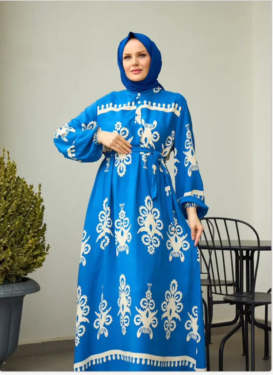 Elegant Blue Floral Print Maxi Abaya with Hijab - Perfect for Every Occasion Hulya Keser