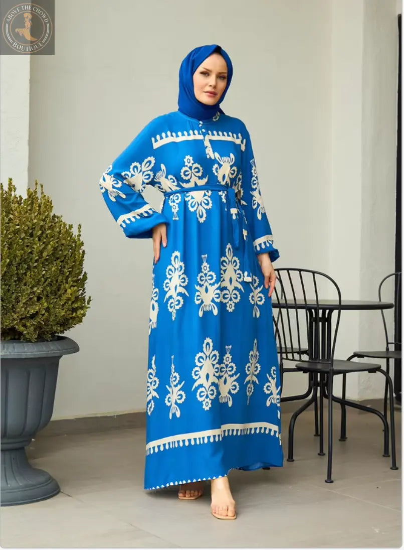 Elegant Blue Floral Print Maxi Abaya with Hijab - Perfect for Every Occasion Hulya Keser