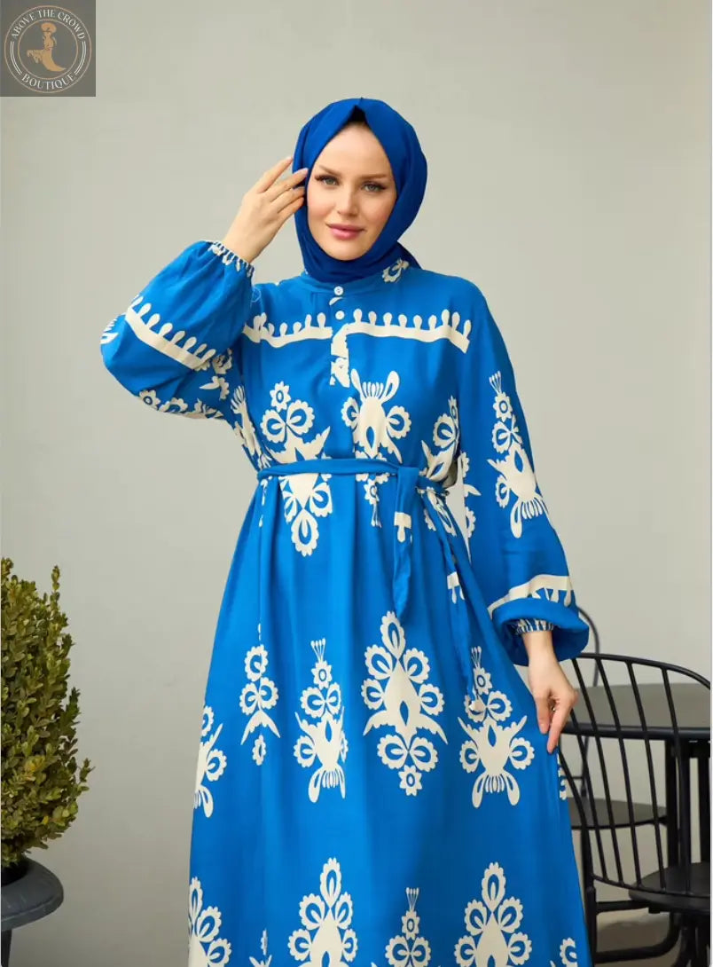 Elegant Blue Floral Print Maxi Abaya with Hijab - Perfect for Every Occasion Hulya Keser