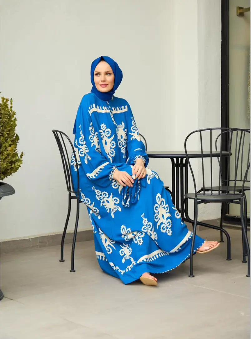 Elegant Blue Floral Print Maxi Abaya with Hijab - Perfect for Every Occasion Hulya Keser
