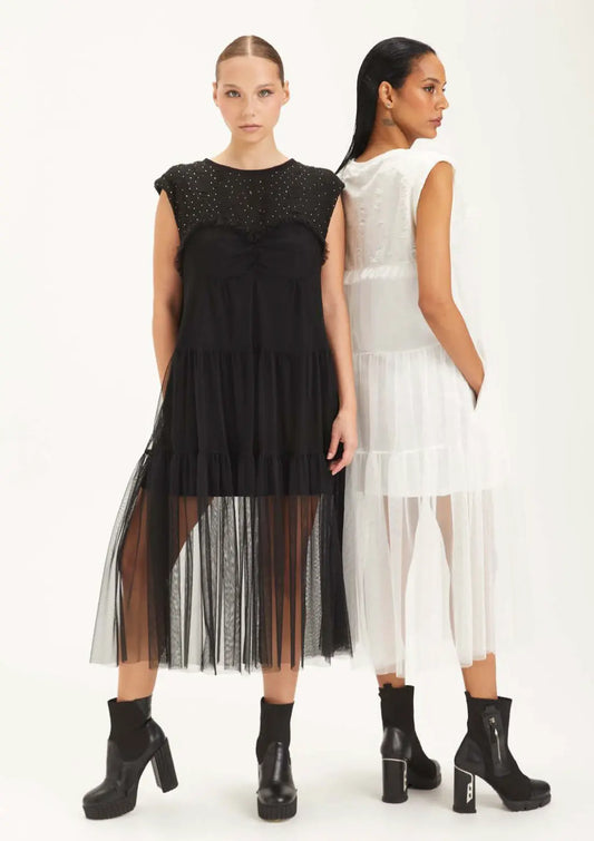 Elegant Mesh Overlay Summer Dress - Sleeveless Midi A-Line H-4