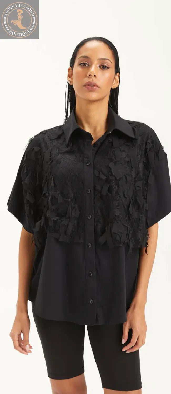 Embroidered Black Oversized Shirt - H-4 - Modern Streetwear Top H-4