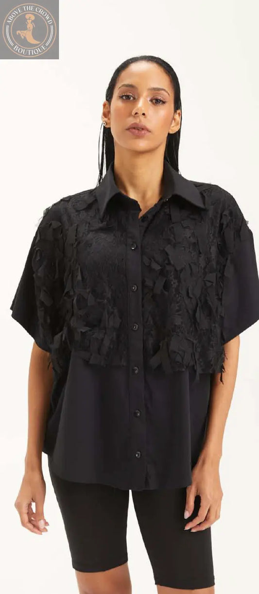 Embroidered Black Oversized Shirt - H-4 - Modern Streetwear Top H-4