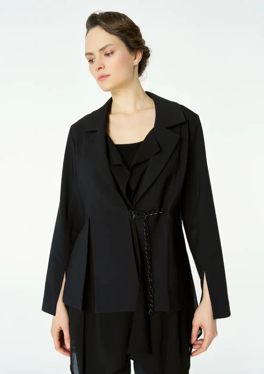 European Black Tailored Blazer with Chic Chain Detail by Bize Bize