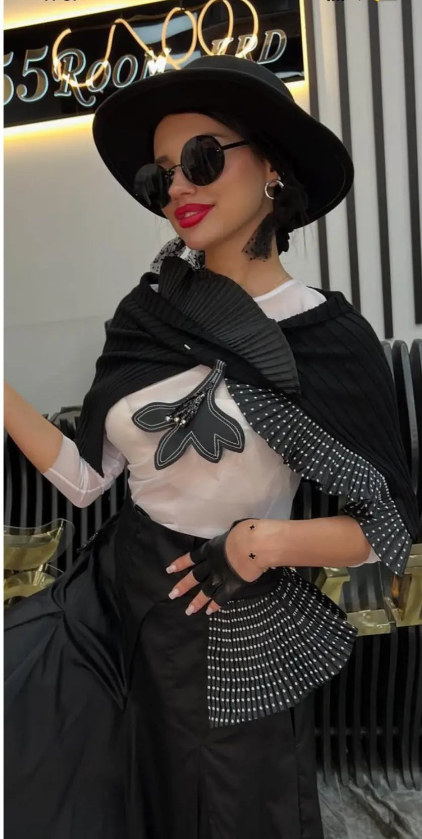 European Curated Black Ribbed Cloak with Floral Accent – Elevate Your Unique Style Bize