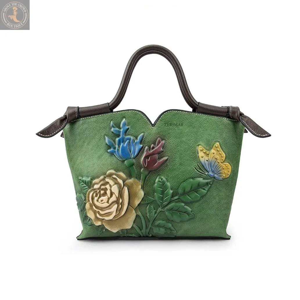 Floral Embossed Leather Handbag - Grass Green Designer Purse Zerimar 1942