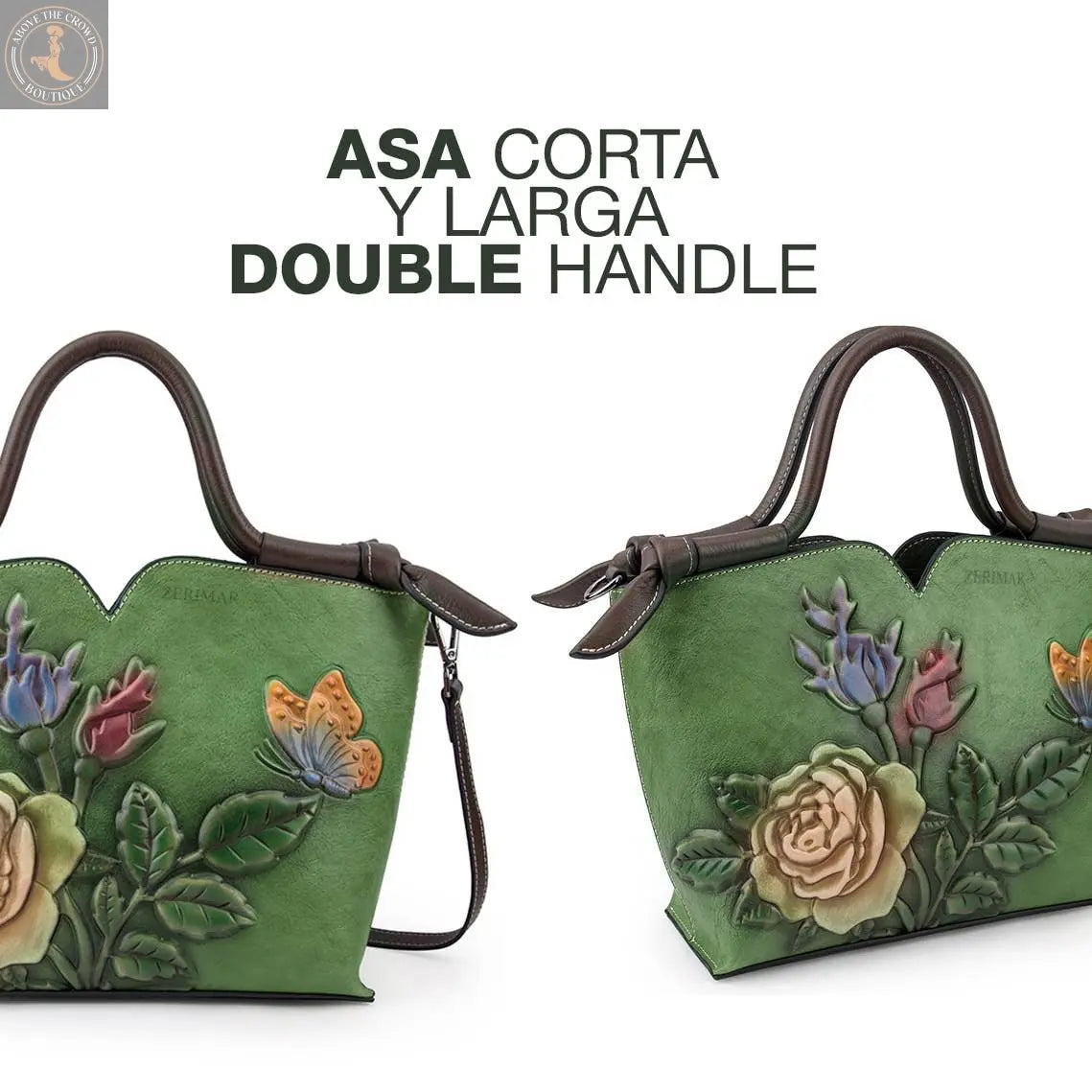 Floral Embossed Leather Handbag - Grass Green Designer Purse Zerimar 1942