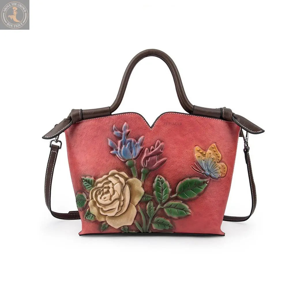 Floral Embossed Leather Handbag – Pink Tones Zerimar 1942