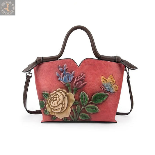 Floral Embossed Leather Handbag – Pink Tones Zerimar 1942