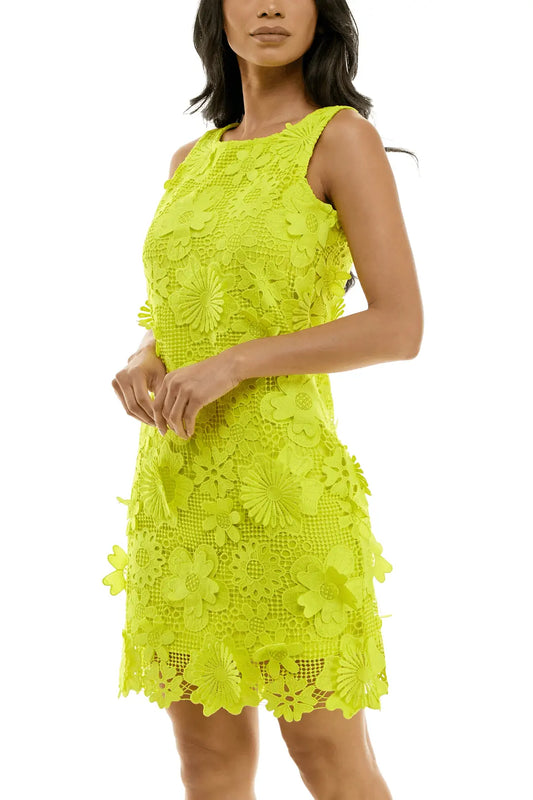 Floral Lace Mini Dress - Neon Yellow & Lavender - Above The Crowd Boutique Nina Leonard