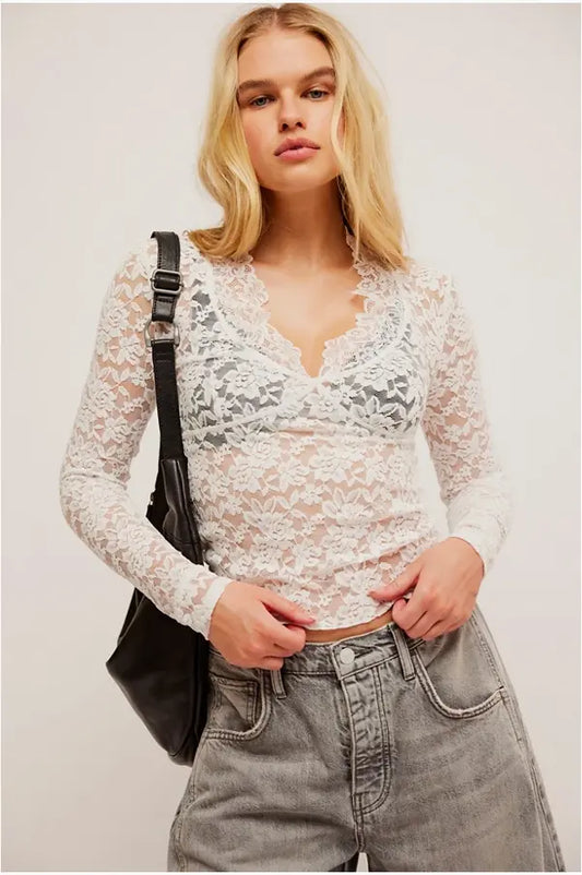 Free People All Day Lace Top - Romantic Floral V-Neck - Above The Crowd Boutique Free People