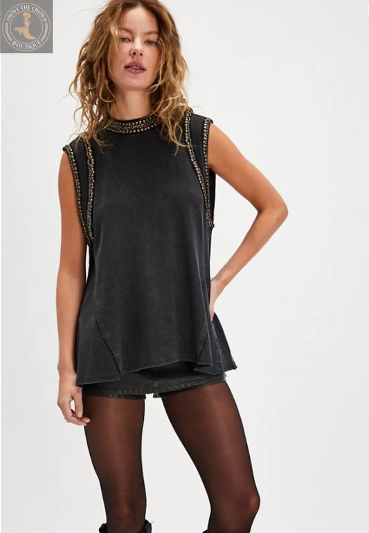 Free People Black Sleeveless Top - European Design, Studded Detail Free People