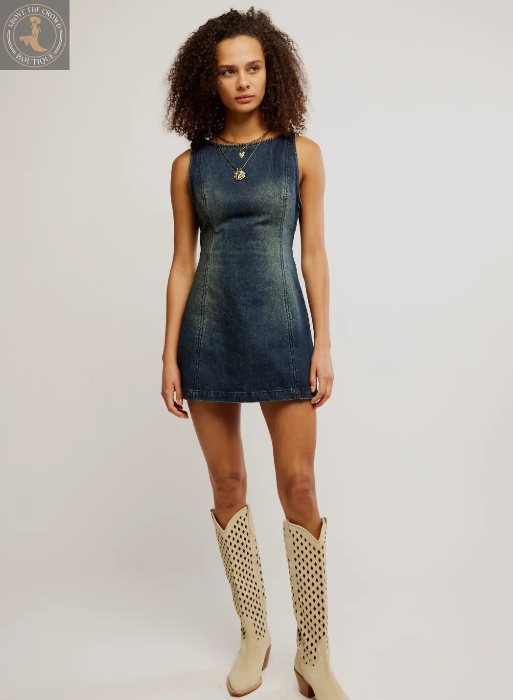Free People Chic Denim Mini Dress – Striking Cutout Back, Effortless Style Free People