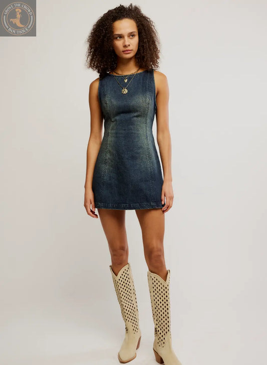 Free People Chic Denim Mini Dress – Striking Cutout Back, Effortless Style Free People