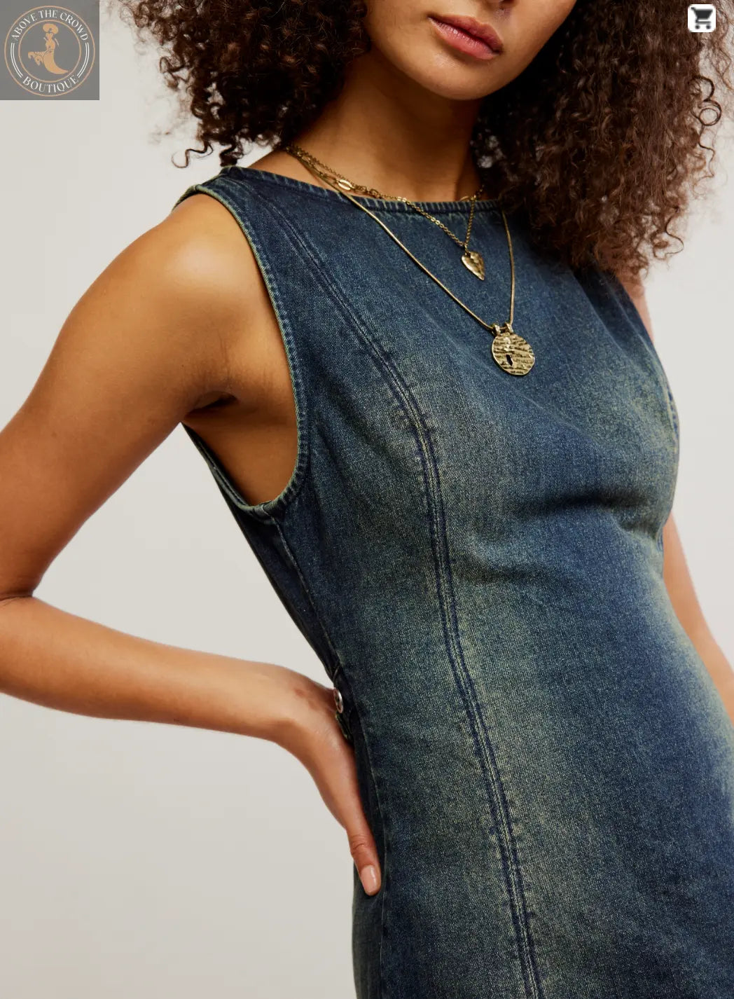 Free People Chic Denim Mini Dress – Striking Cutout Back, Effortless Style Free People