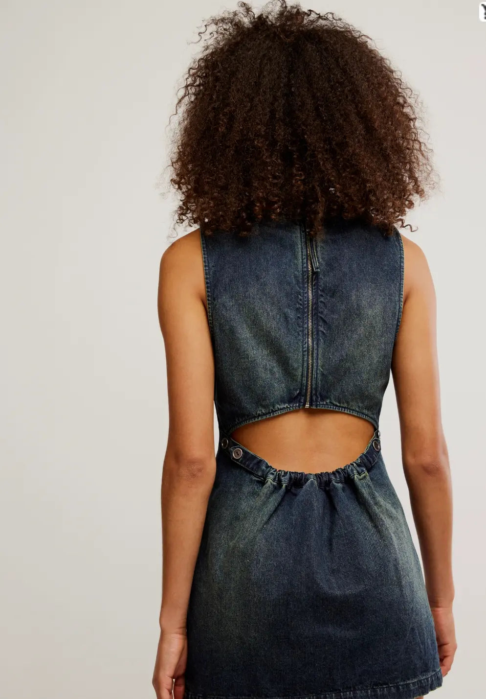 Free People Chic Denim Mini Dress – Striking Cutout Back, Effortless Style Free People