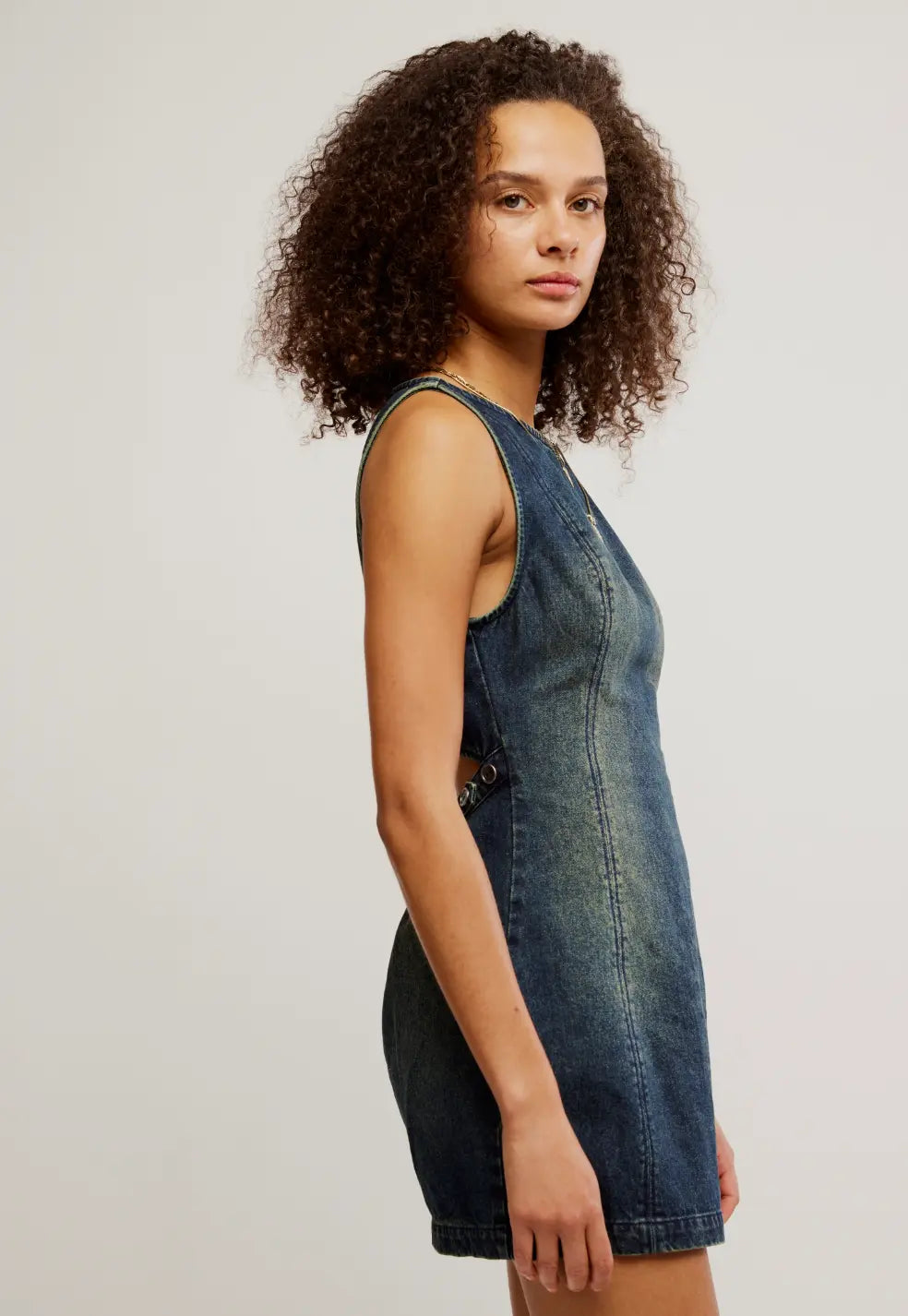 Free People Chic Denim Mini Dress – Striking Cutout Back, Effortless Style Free People