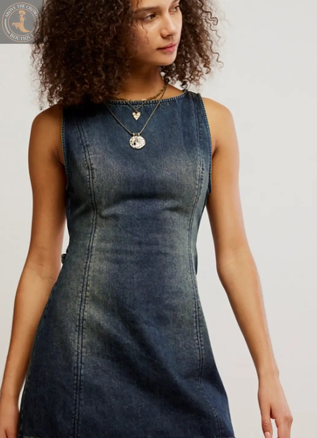 Free People Chic Denim Mini Dress – Striking Cutout Back, Effortless Style Free People
