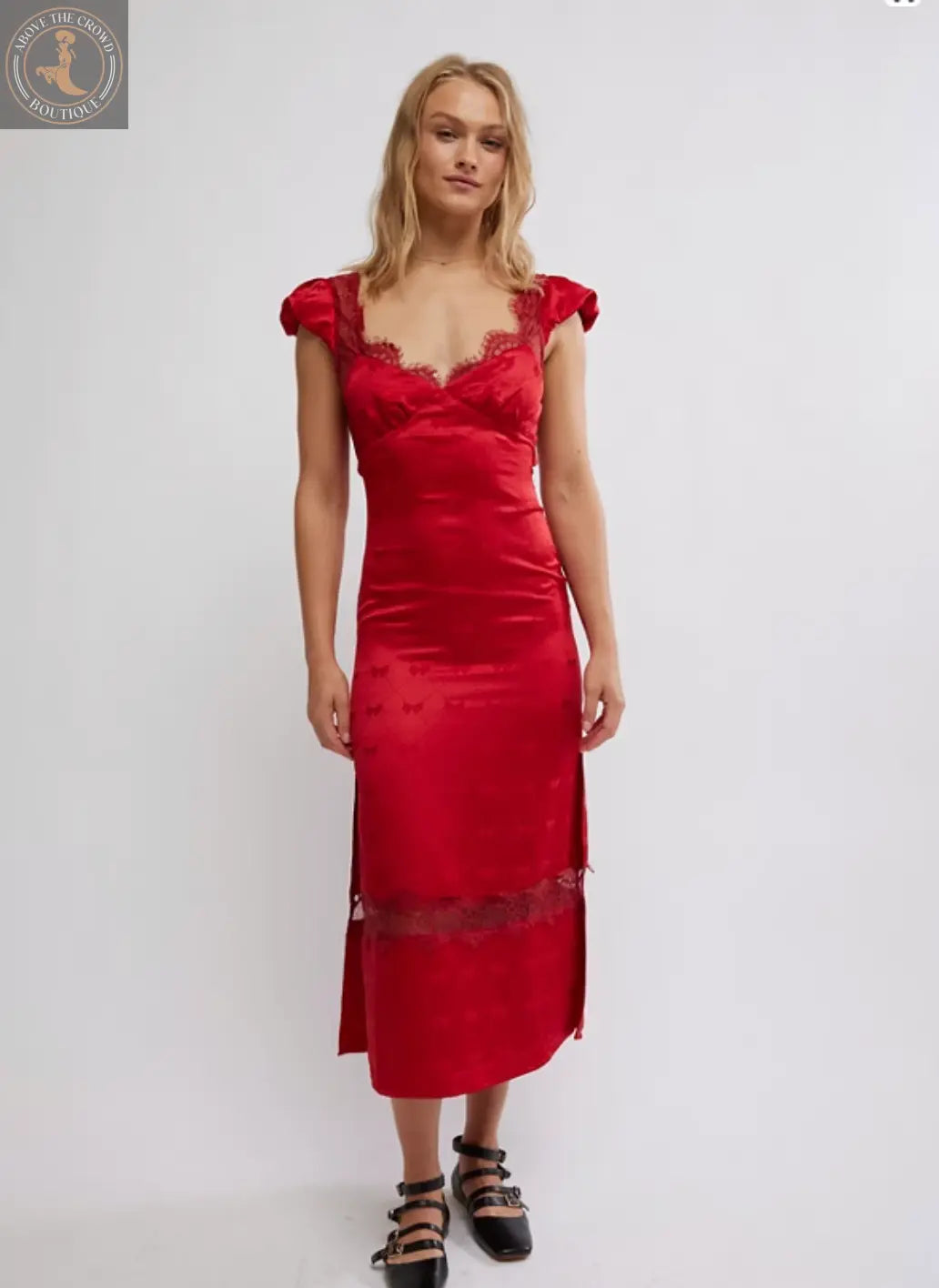 Free People Elegant Red Bow-Pattern Dress with Lace Detailing OB2122098 Free People