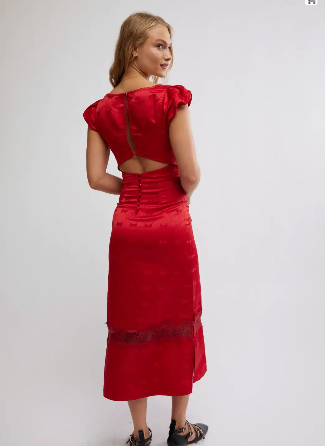Free People Elegant Red Bow-Pattern Dress with Lace Detailing OB2122098 Free People