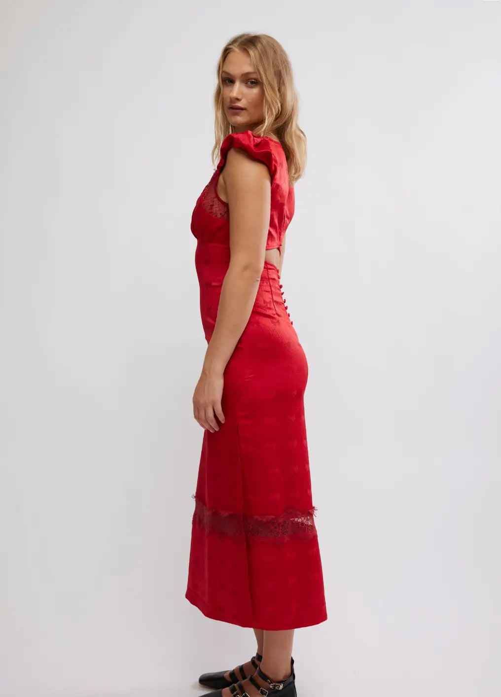 Free People Elegant Red Bow-Pattern Dress with Lace Detailing OB2122098 Free People