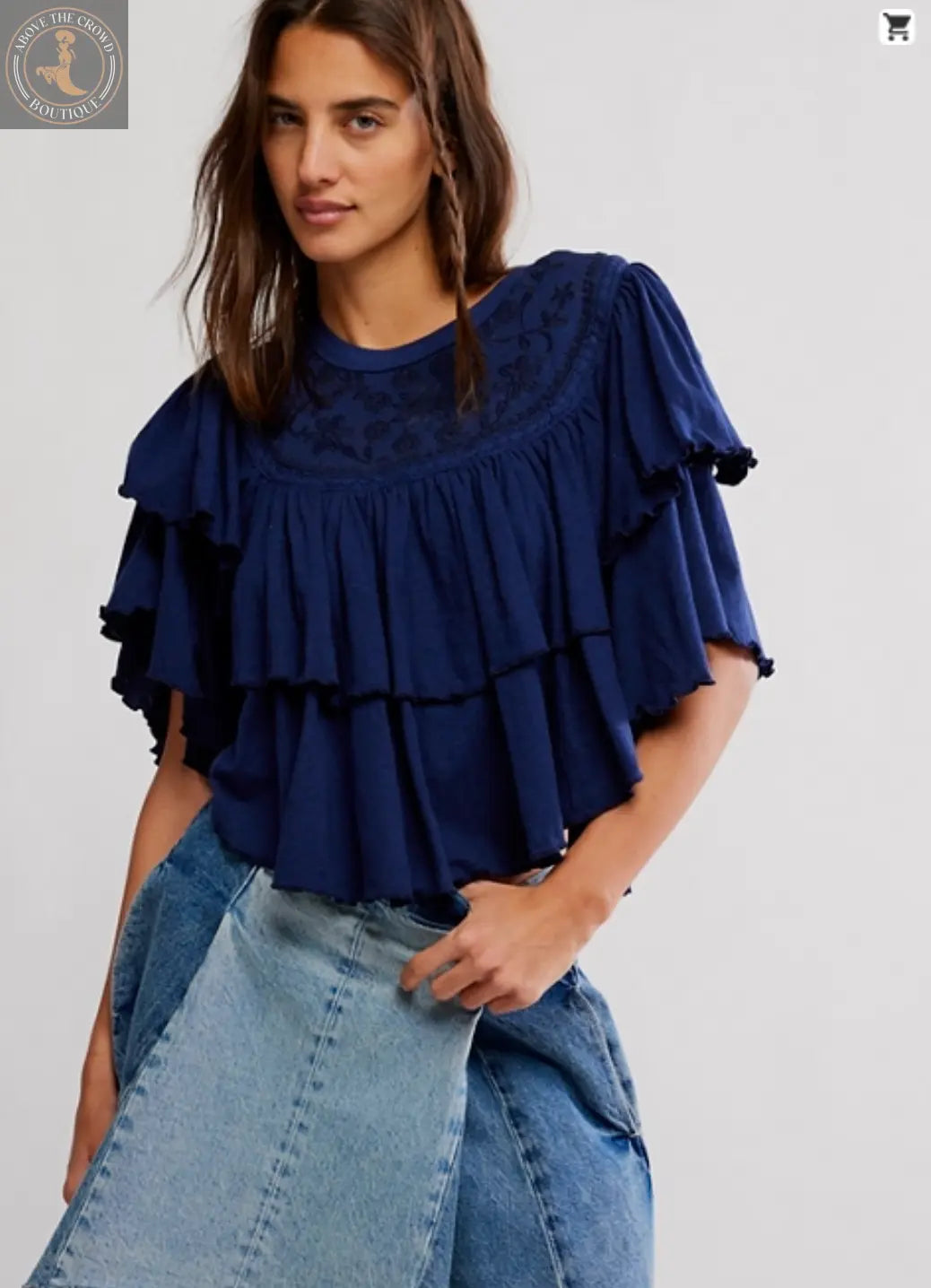 Free People Embroidered Ruffled Top: Lilac & Navy European Style – Define Your Unique Look Free People