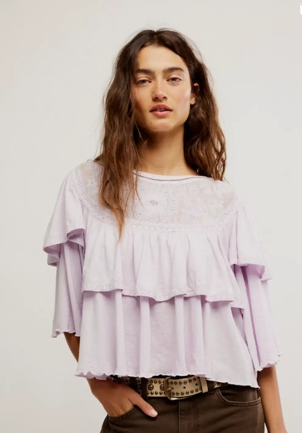 Free People Embroidered Ruffled Top: Lilac & Navy European Style – Define Your Unique Look Free People