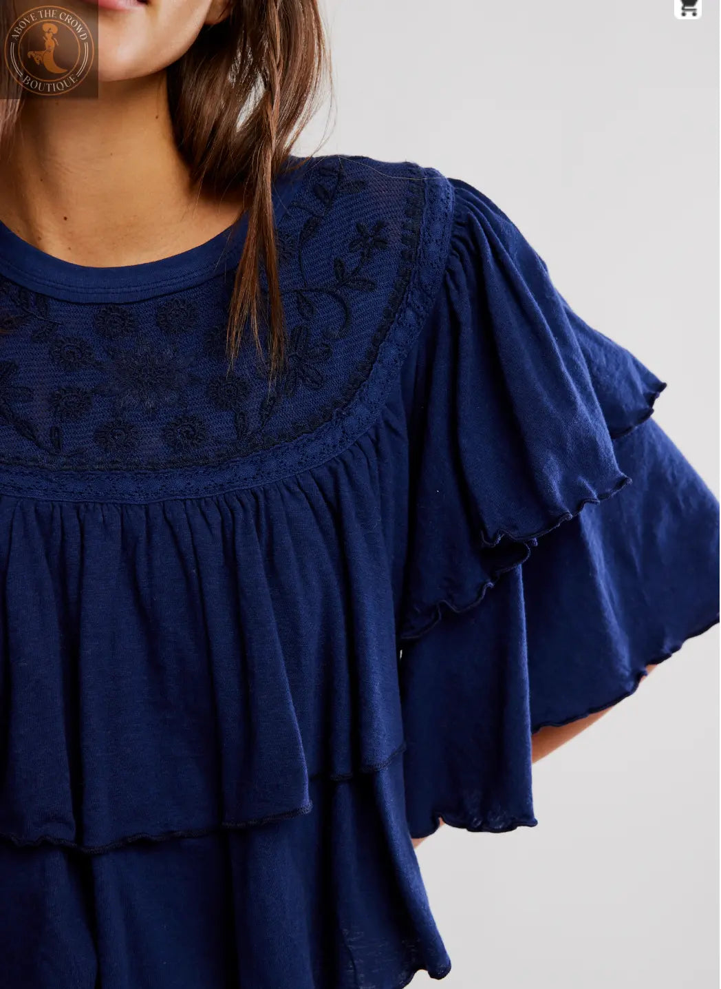 Free People Embroidered Ruffled Top: Lilac & Navy European Style – Define Your Unique Look Free People