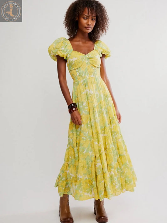 Free People Floral Smocked Puff-Sleeve Midi Dress - Soft Yellow Floral Print Free People