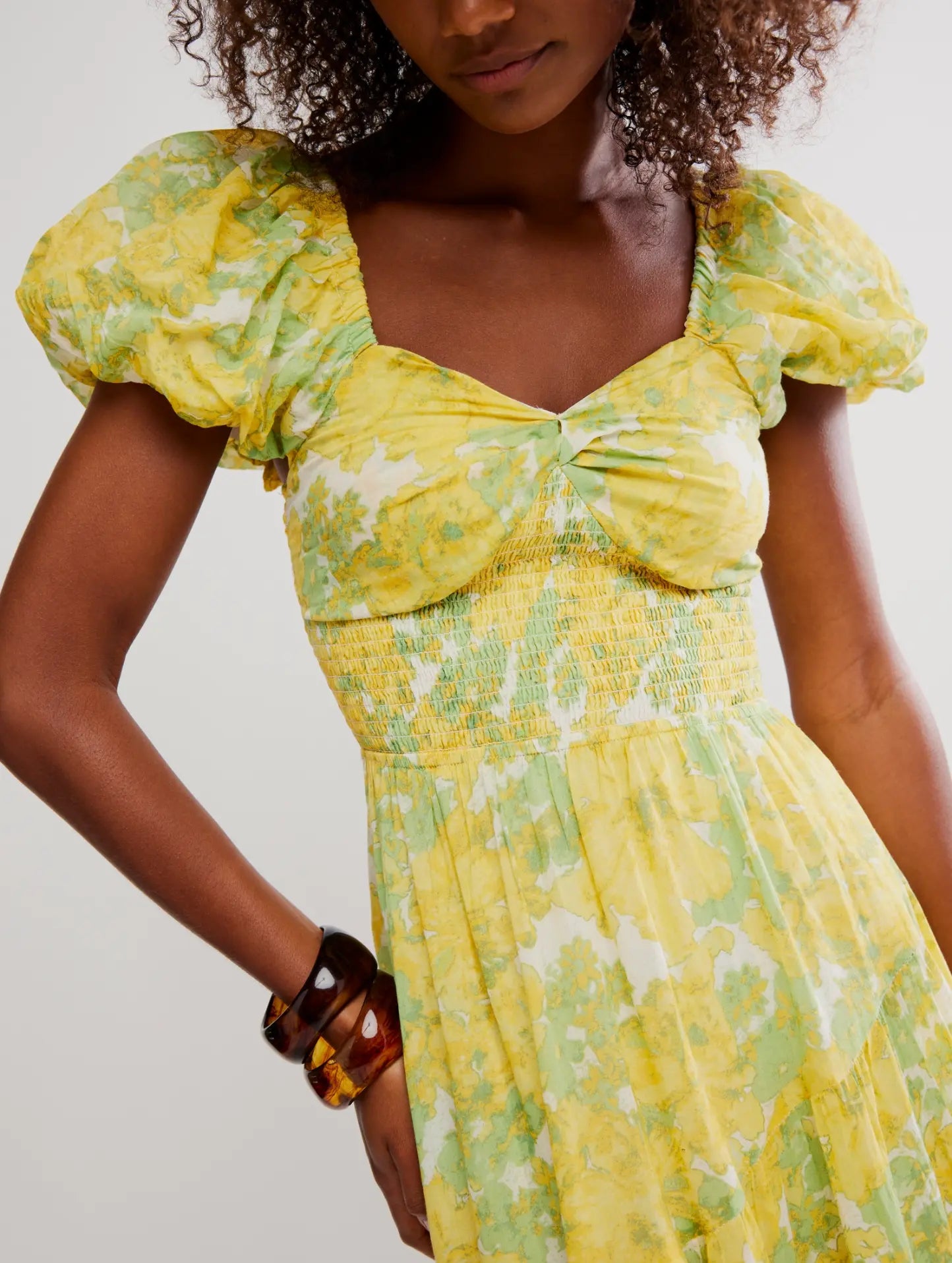 Free People Floral Smocked Puff-Sleeve Midi Dress - Soft Yellow Floral Print Free People