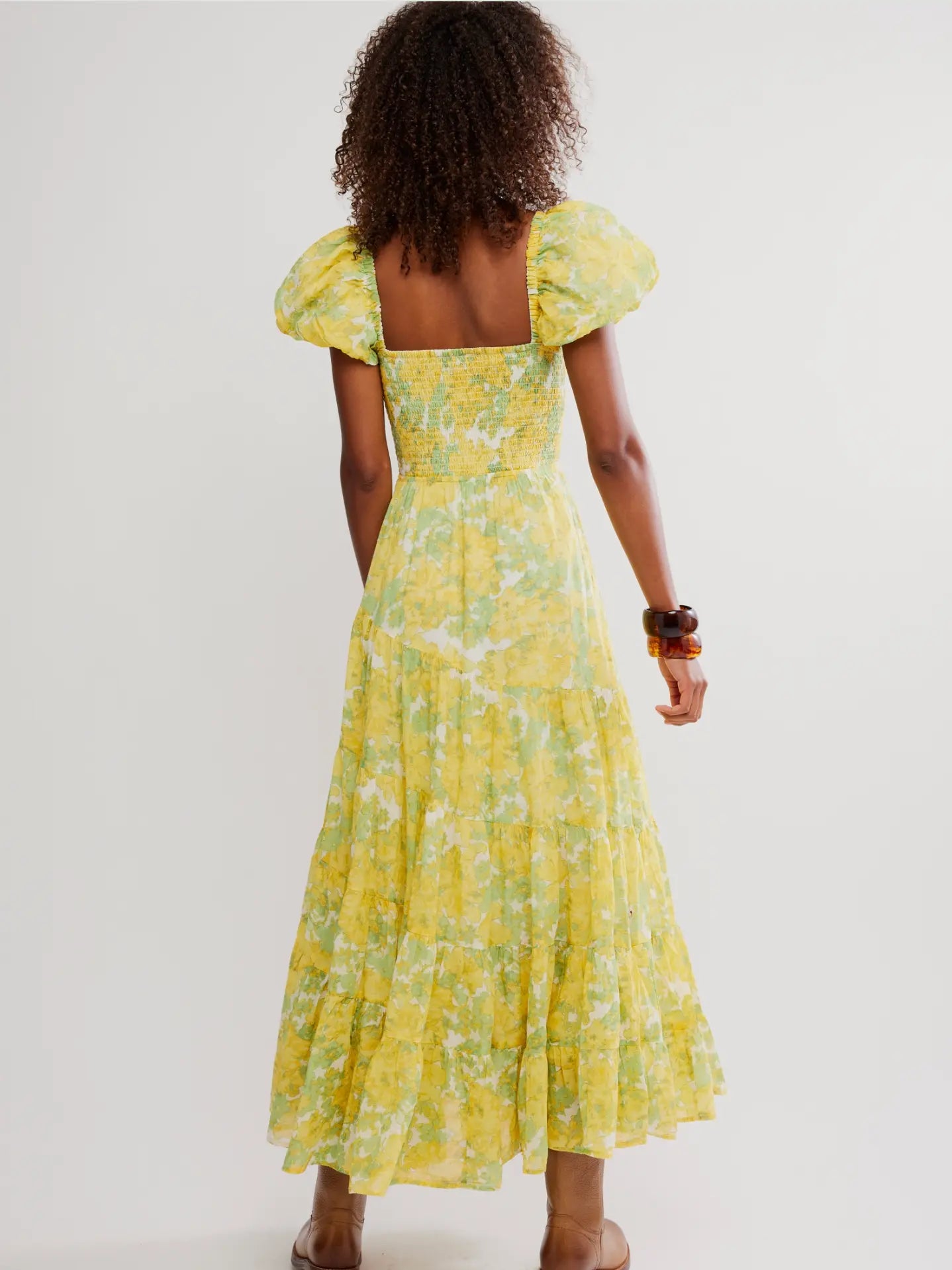 Free People Floral Smocked Puff-Sleeve Midi Dress - Soft Yellow Floral Print Free People