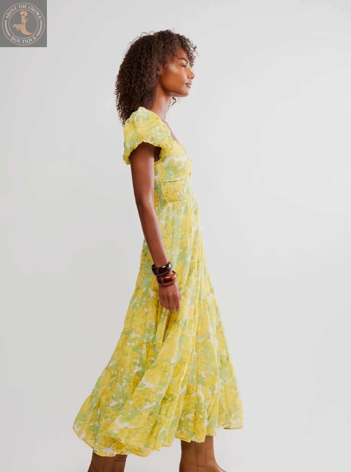 Free People Floral Smocked Puff-Sleeve Midi Dress - Soft Yellow Floral Print Free People