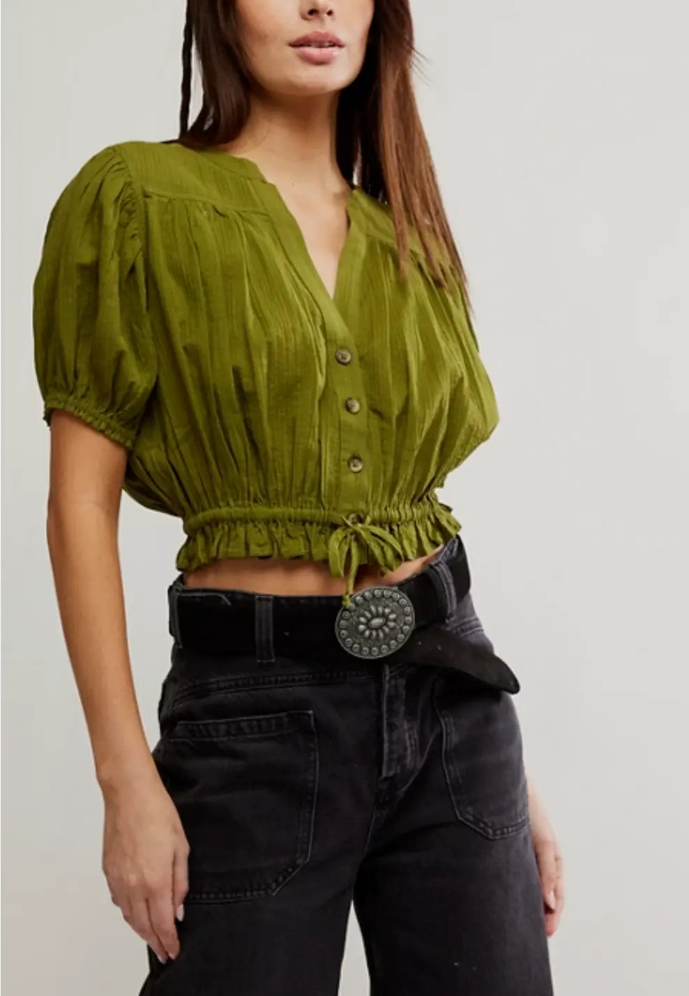 Free People Green Pleated Crop Top - Effortless Style Free People