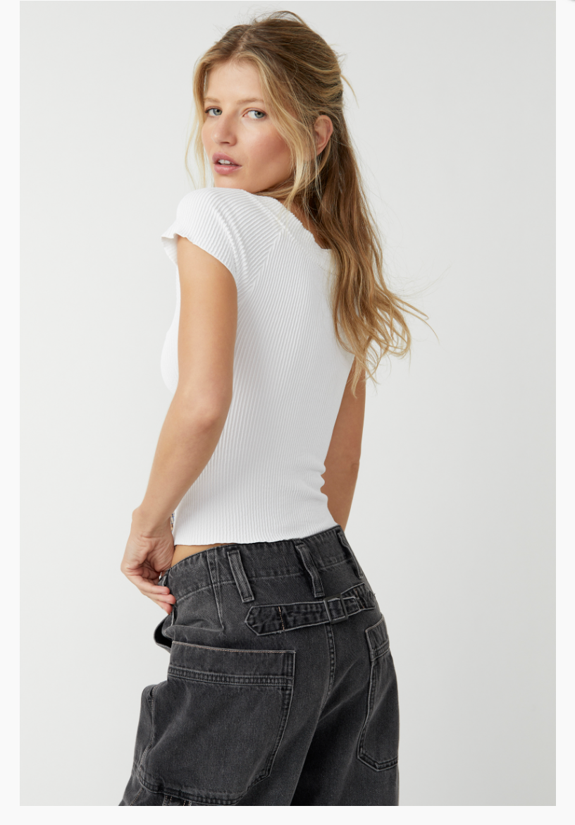 Free People Off Shoulder Ribbed Top - Effortless Style in Black, White & Blue Granite Free People