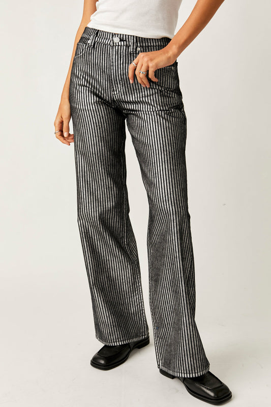 Free People Tinsley Metallic Stripe Baggy Women Jeans Free People