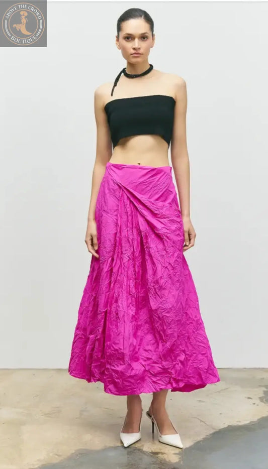 Fuchsia Crinkle Taffeta Midi Skirt - High Waisted Pleated A-Line Bize