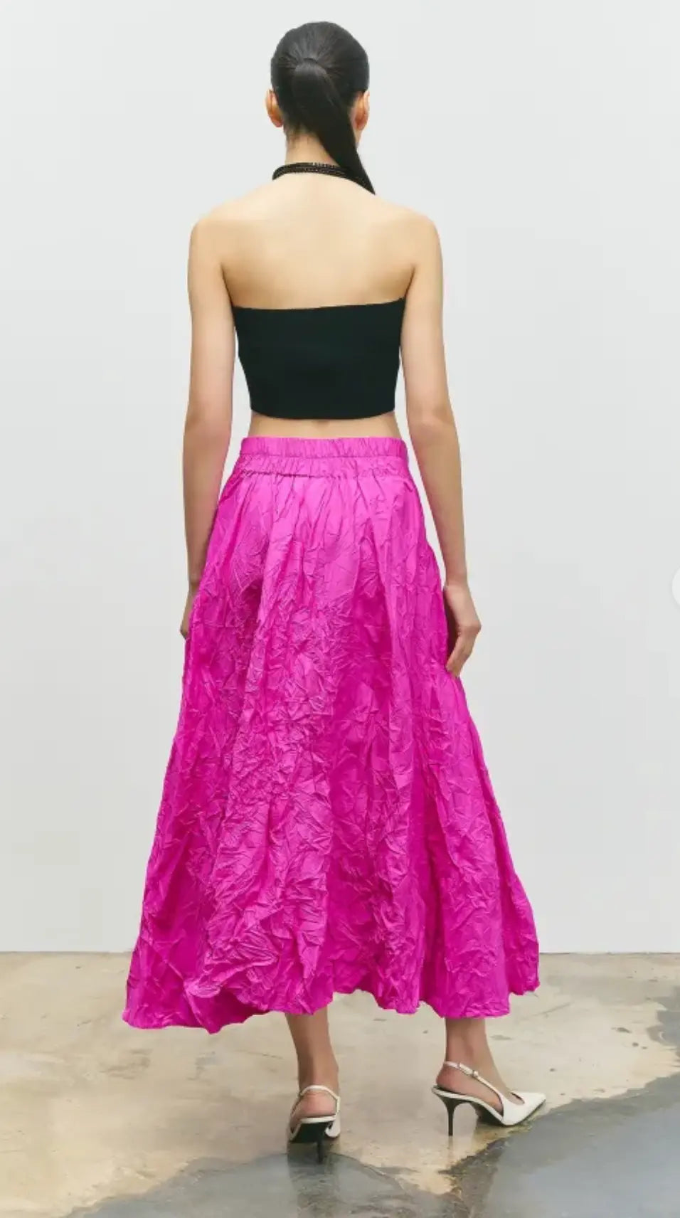 Fuchsia Crinkle Taffeta Midi Skirt - High Waisted Pleated A-Line Bize