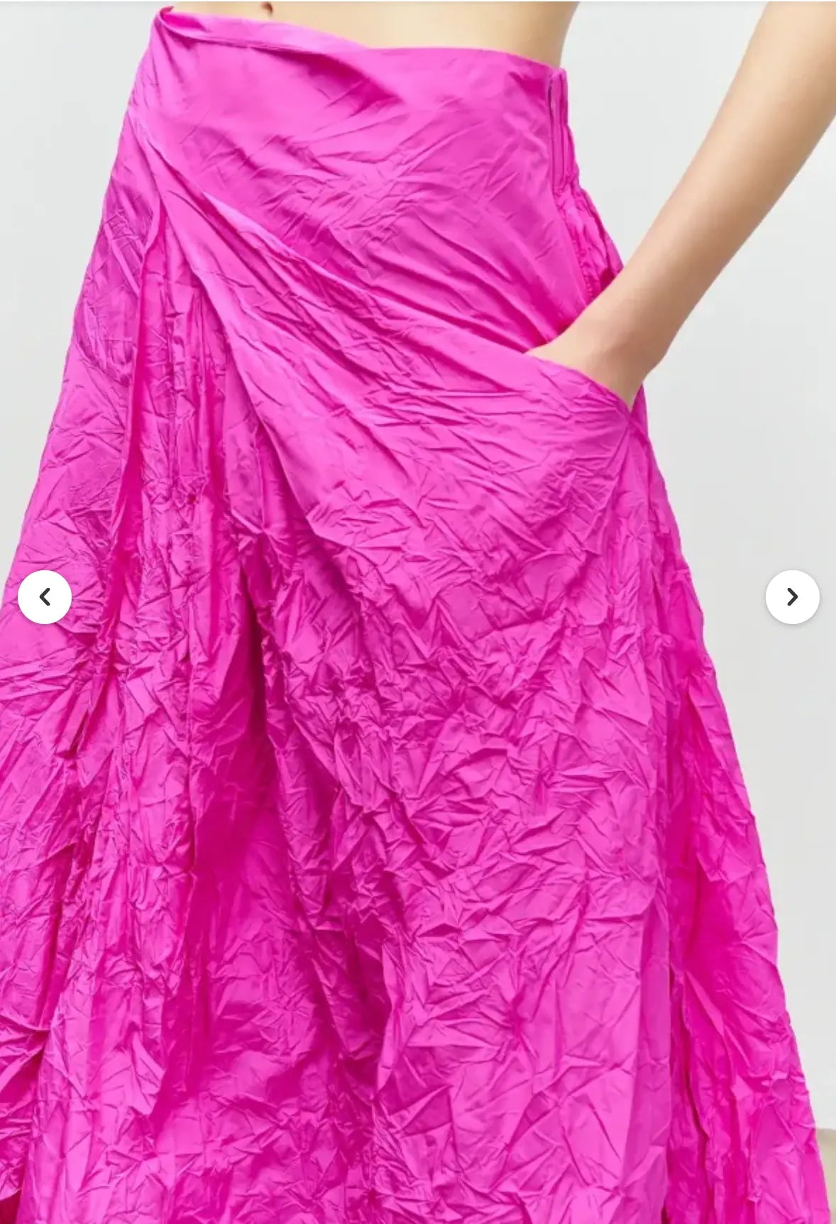 Fuchsia Crinkle Taffeta Midi Skirt - High Waisted Pleated A-Line Bize