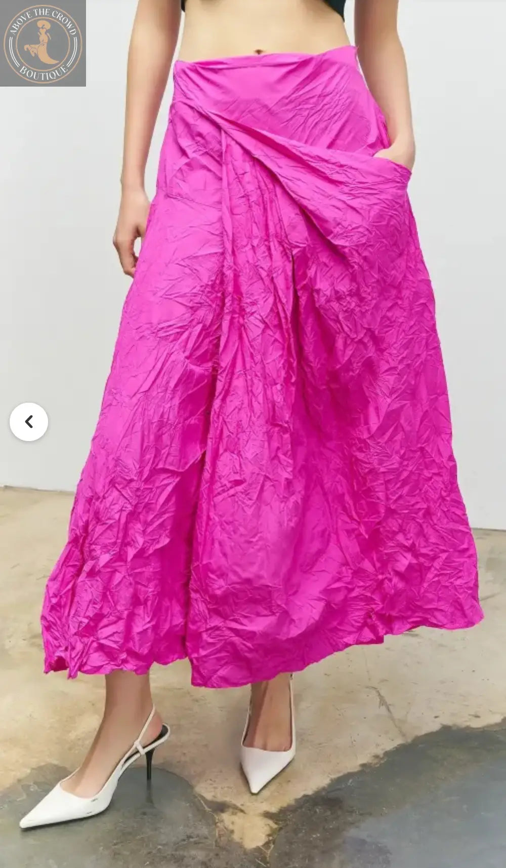 Fuchsia Crinkle Taffeta Midi Skirt - High Waisted Pleated A-Line Bize