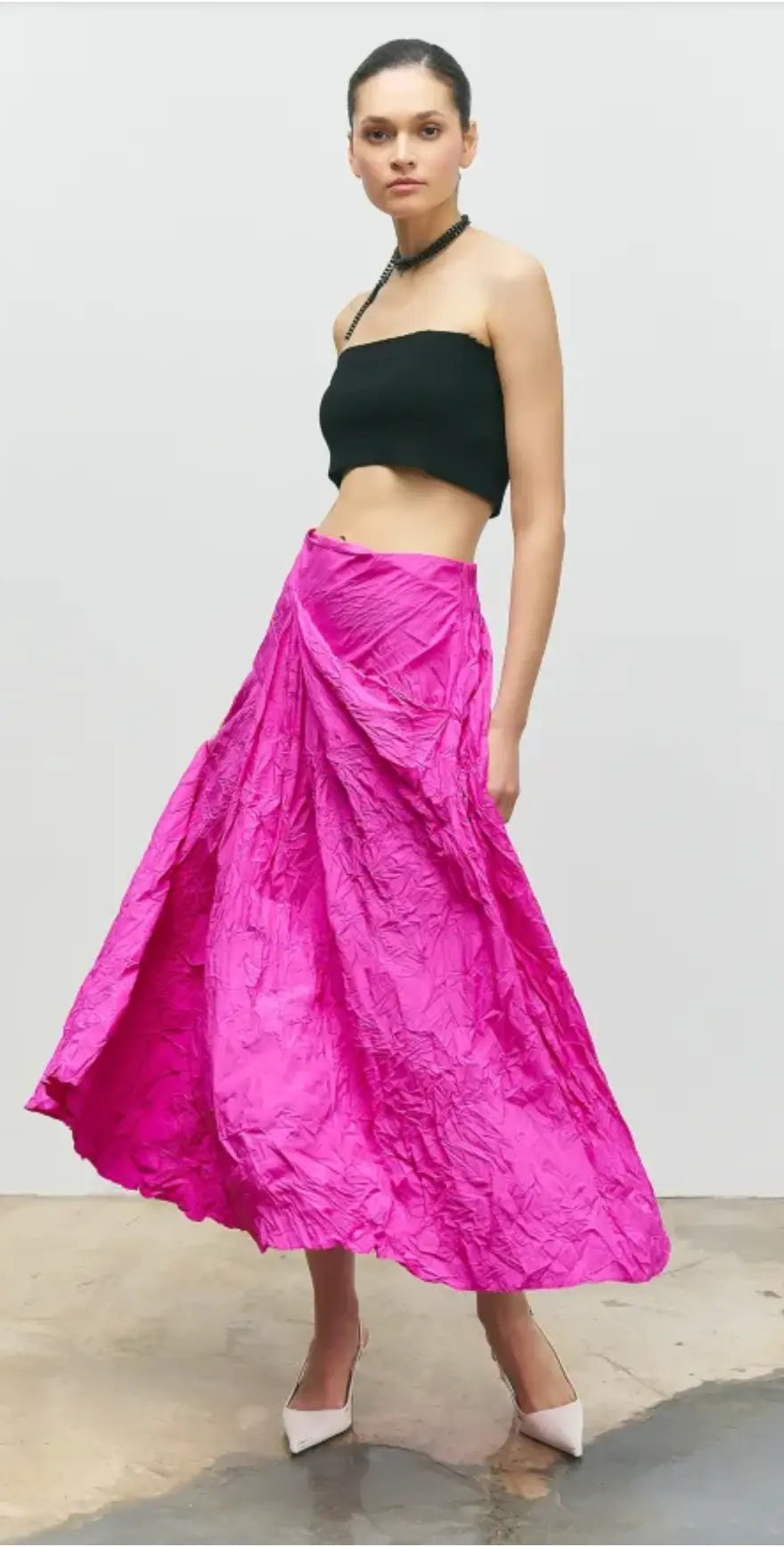 Fuchsia Crinkle Taffeta Midi Skirt - High Waisted Pleated A-Line Bize