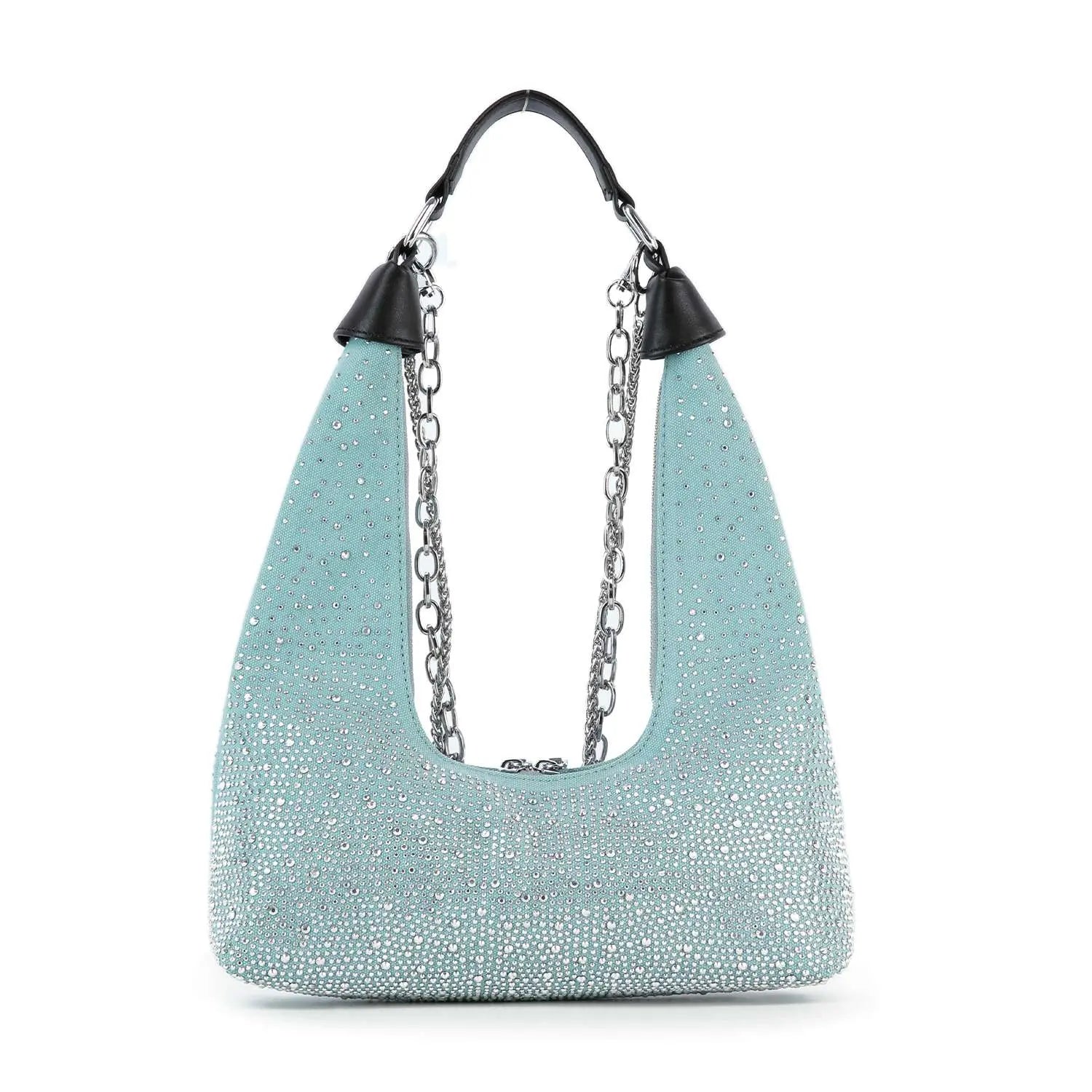 Glamorous Stone And Chain Accented Denim Shoulder Bag Handbag Express