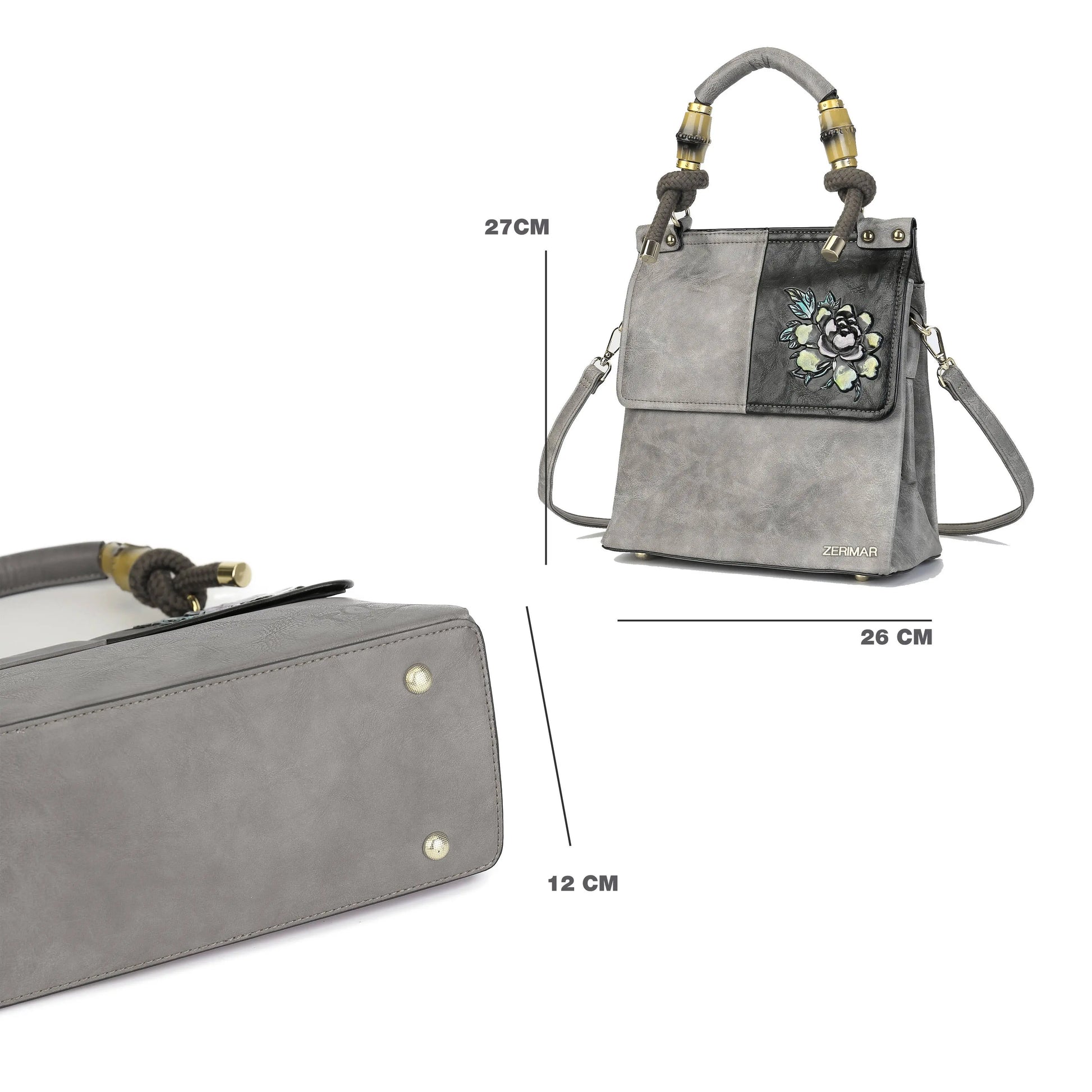 Gray Floral Handbag – European Design Shoulder Bag Zerimar 1942