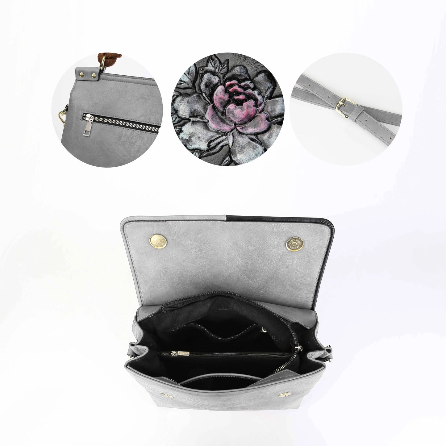 Gray Floral Handbag – European Design Shoulder Bag Zerimar 1942