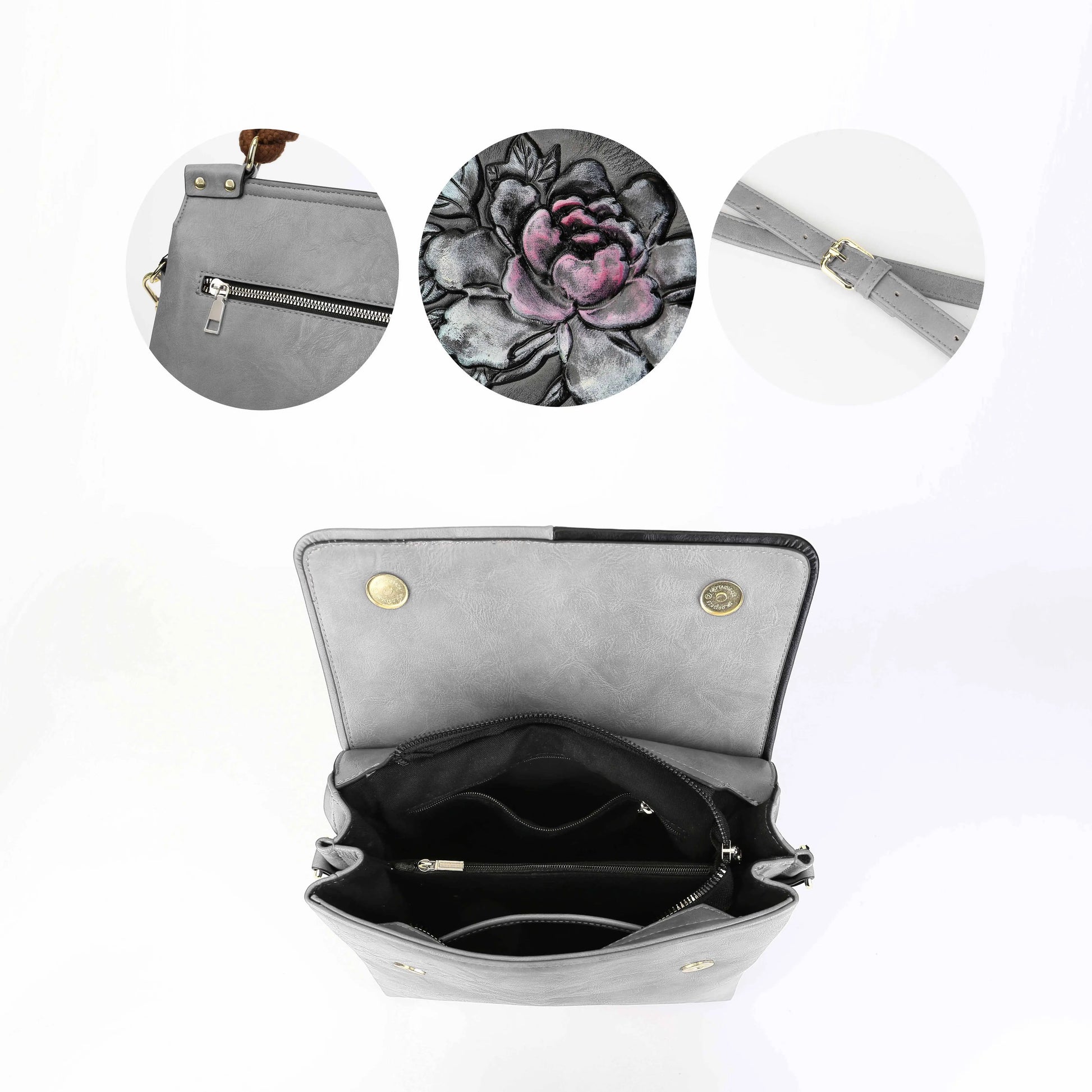 Gray Floral Handbag – European Design Shoulder Bag Zerimar 1942