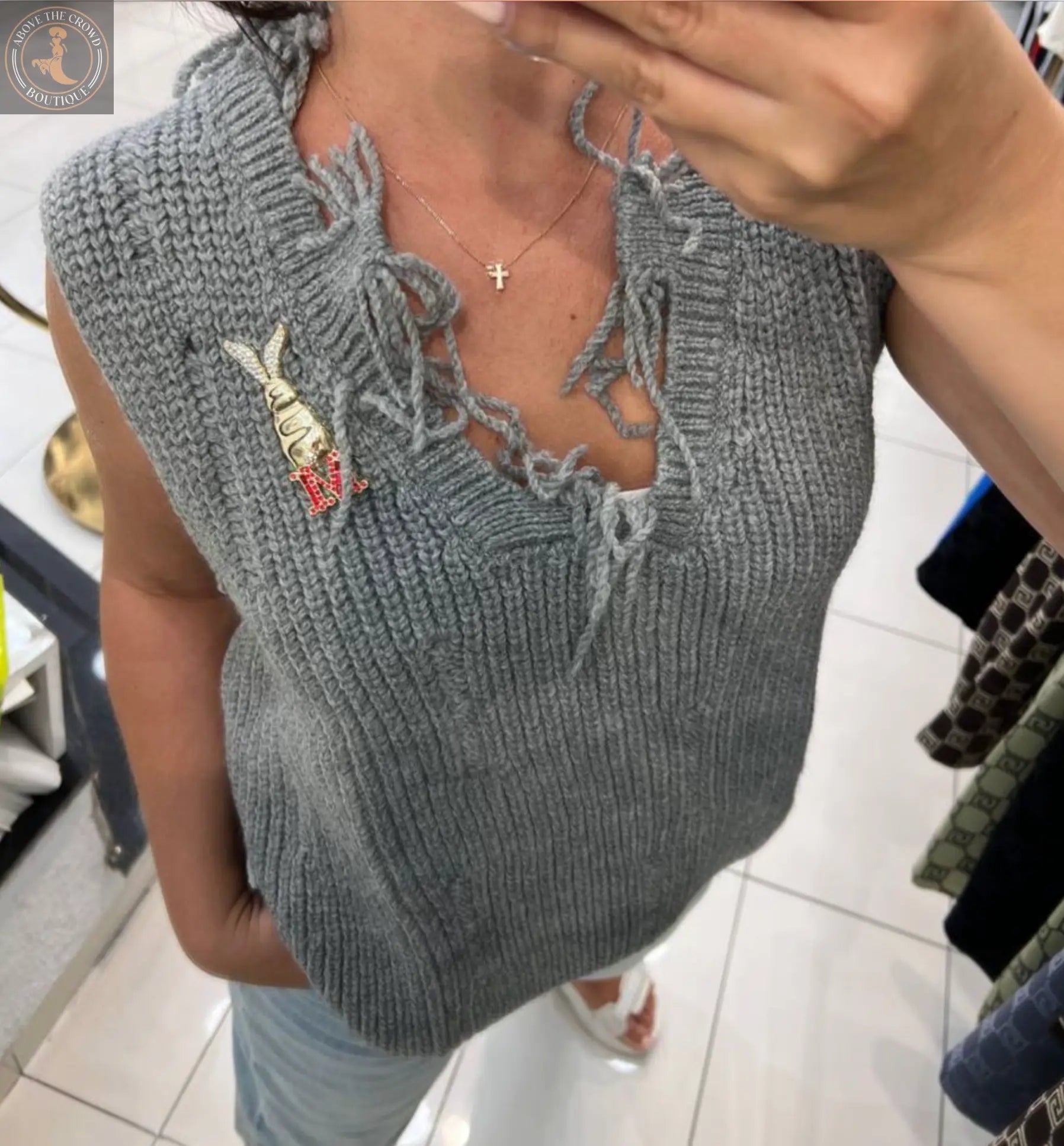 Gray Knitted Sweater Vest - European Style Layering Vest with Brooch Nobello