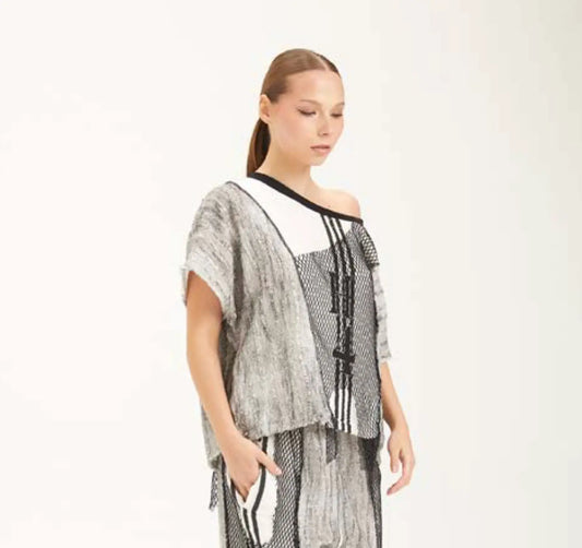 H-4 Asymmetrical Mesh Patchwork T-Shirt 4526 H-4