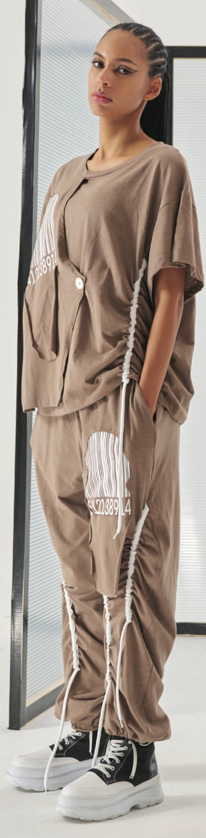 H-4 Beige Woven Pants - Straight Leg, Mid-Rise - European Style H-4