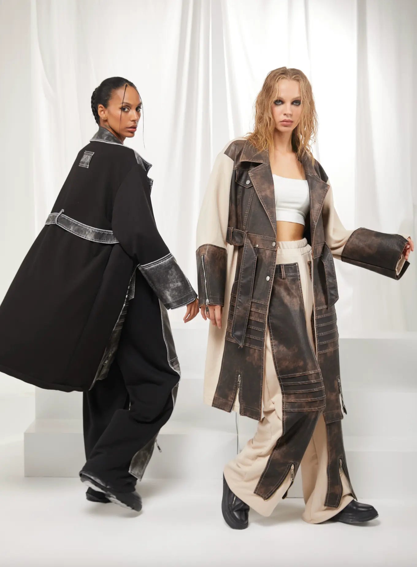 H-4 Contrast Panel Trench Coat 2783 – Beige with Distressed Brown Leather Finish H-4