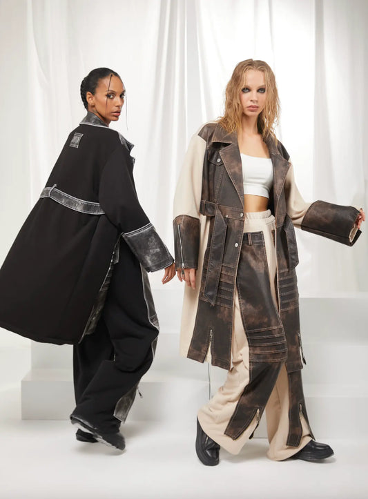 H-4 Contrast Panel Trench Coat 2783 – Beige with Distressed Brown Leather Finish H-4