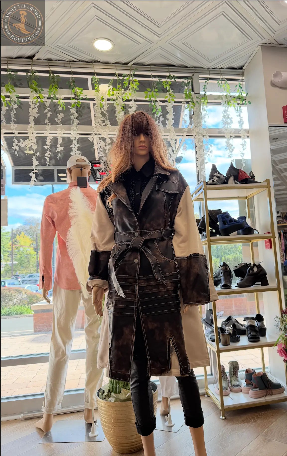 H-4 Contrast Panel Trench Coat 2783 – Beige with Distressed Brown Leather Finish H-4